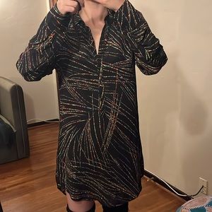 Vintage Silk Long Sleeve Black Multi-Color Dress